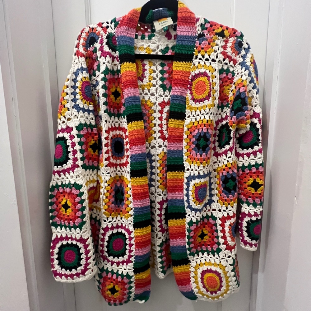 Farm Rio Rainbow Granny Square Crochet Cardigan Multicolor Boho NWT Medium